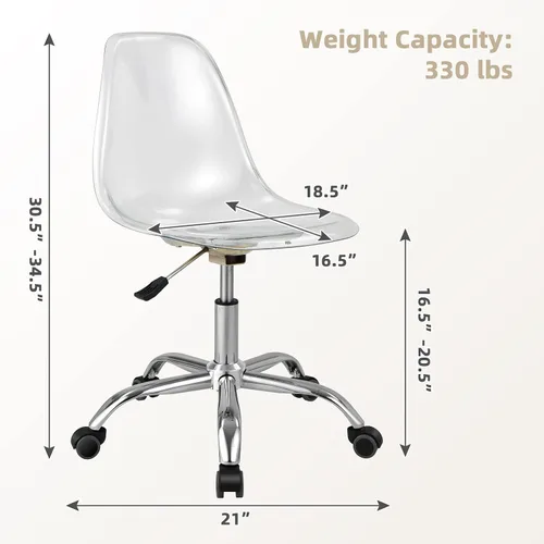 Vista 2 de Giantex Silla de escritorio de acrílico, silla enrollable de oficina transparente sin brazos, silla fantasma de ocio ajustable con base cromada