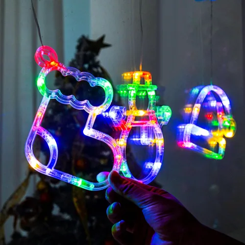 Vista 5 de LOLStar Luces de ventana de Navidad, paquete de 3 medias de Navidad multicolor, muñeco de nieve, luces de sombrero de Papá Noel con ventosa, función