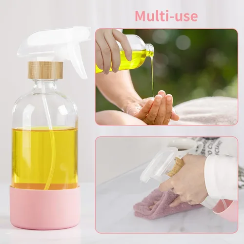 Vista 4 de HOMBYS Botellas vacías de vidrio de bambú con protección de funda de silicona, recipientes de vidrio transparente recargables de 17 onzas