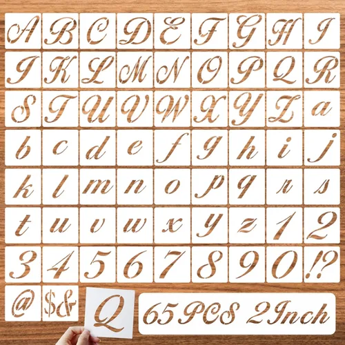 Vista 8 de Plantillas de símbolos de 1 pulgada para pintar sobre madera, 65 plantillas de dibujo del alfabeto con letras mayúsculas caligráficas y cursivas