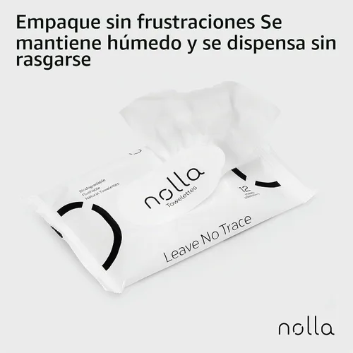 Vista 4 de Nolla Toallitas desechables de viaje, 100% a base de plantas, sin plástico y biodegradables, sin perfume, aloe calmante y vitamina E, 120