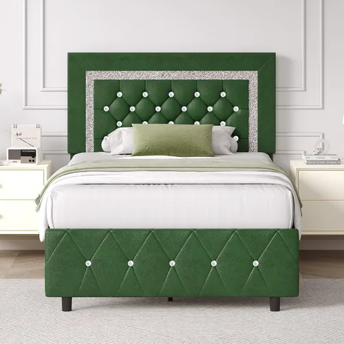 Vista 13 de BarnFurin Base de cama individual con cabecero, cama tapizada con diseño capitonado de diamante, marco de cama para niños con soporte de listones