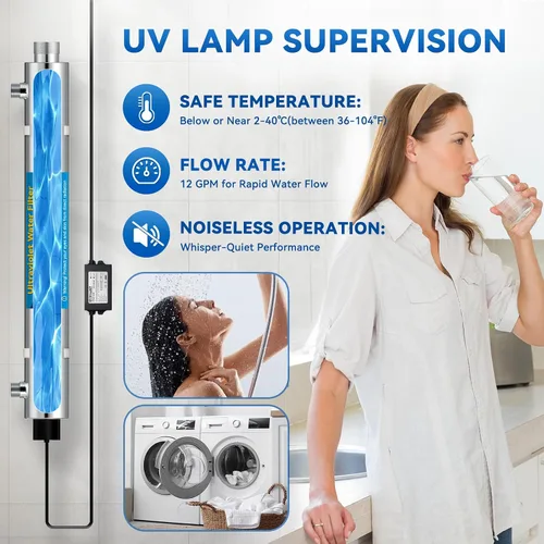 Vista 2 de Filtro de agua UV para toda la casa, 1 pulgada MNPT, sistema purificador de agua de 55 W para filtro de agua debajo del fregadero, 120 V 12 GPM