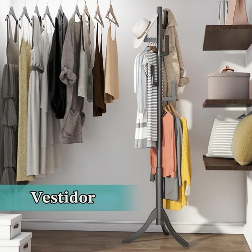Vista 3 de Perchero negro independiente, árbol de bambú de cactus, soporte de madera de altura ajustable con 6 ganchos, perchero para niños, utilizado