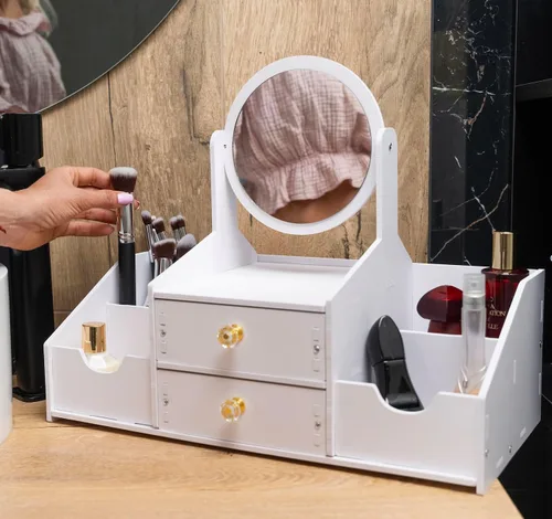 Vista 4 de Organizador de maquillaje de madera, organizadores de maquillaje de encimera con espejo, cajones, organizador de cosméticos para cepillos, cuidado