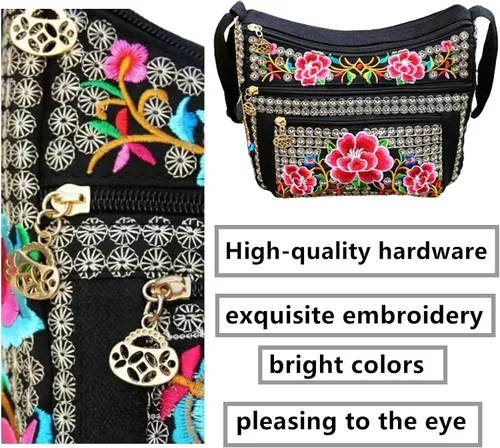 Vista 6 de PHEVOS Bolso bandolera Hobo para mujer, 3 bolsillos con cremallera, estilo vintage, étnico, tribal, bordado, bohemio, hippie
