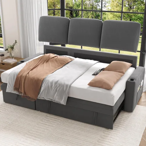 Vista 4 de Keyluv Sofá cama extraíble de 87 pulgadas con diván de almacenamiento, sofá cama modular reversible 2 en 1 con estación de carga y soporte