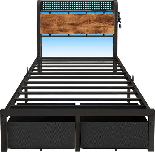 Vista 9 de Furnulem Base de cama individual con 2 cajones de almacenamiento y estación de carga, base de cama de plataforma individual con cabecero y luces