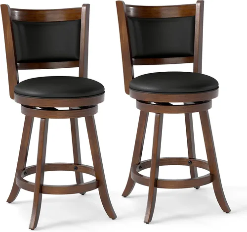 Vista 10 de COSTWAY Juego de 2 taburetes de bar, giratorios de 360 grados, taburete giratorio de madera con acento de altura, diseño tapizado de cuero, asiento