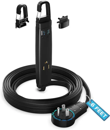 Vista 9 de Maximm Cable de extensión de 1 pie con puertos USB, enchufe plano giratorio 360, 3 salidas (2 puertos USB), conectado a tierra (negro)