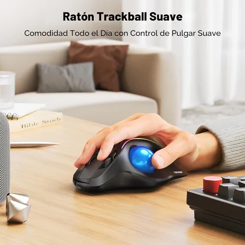 Vista 2 de TECKNET Ratón de Trackball inalámbrico profesional, mouse Bluetooth con control ergonómico de pulgar, USB-C recargable, mouse con luz RGB con DPI