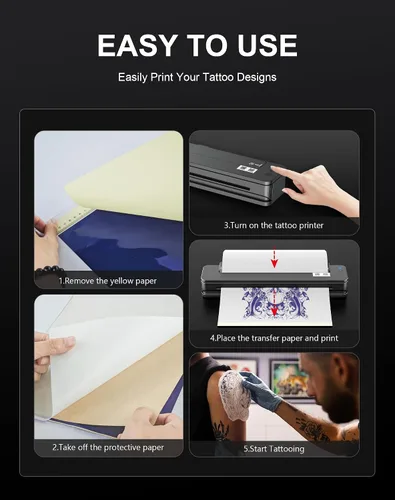 Vista 7 de RHEIN Impresora de plantillas de tatuajes T106Z-US Impresora térmica inalámbrica 2500mAh 300 dpi A4 papel de transferencia de tatuajes 10 piezas