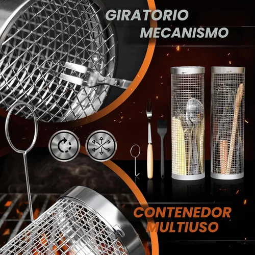 Vista 4 de MODAURA 2 piezas de cestas de parrilla enrollables para parrilla al aire libre, accesorios para Big Green Egg - El set incluye tenedor, gancho
