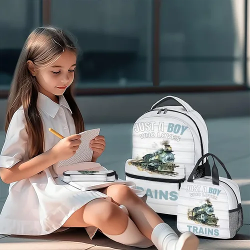Vista 2 de AIOMXZZ Mochila de tren con lonchera para niños, mochilas escolares 3 en 1, combo a juego, bolsa azul de dibujos animados y estuche para lápices