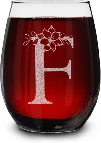 Vista 10 de Copa de vino sin tallo, con monograma floral, grabada con láser, 15 onzas, regalo inicial personalizado para ella (B)