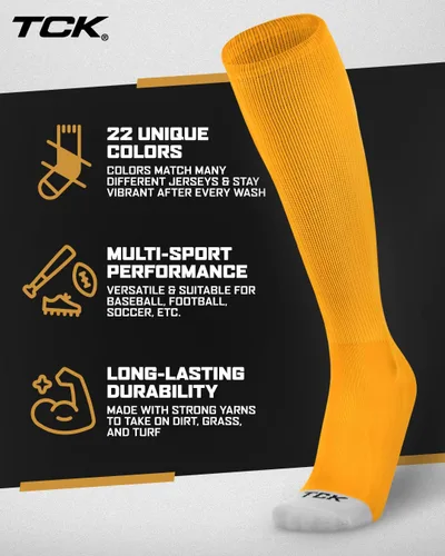 Vista 5 de TCK Prosport – Calcetines de tubo para béisbol, sóftbol, fútbol. Calcetines duraderos y con tecnología de absorción de humedad que cubren la Oro