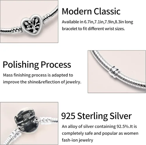Vista 3 de WAKCTFERG Pulsera de plata de ley 925 para mujer, joyería de momento, cierre de corazón, cadena de serpiente, se adapta a cualquier dije de regalo