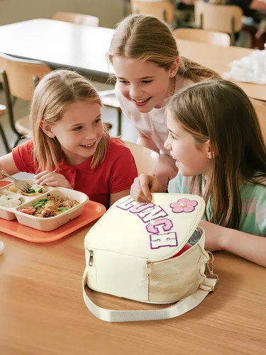 Vista 3 de Bolsa de almuerzo aislada para niños con correa ajustable para niñas, color beige Easy to Clean, Reusable Large Lunch Bag, Holds Lunch Box Snack