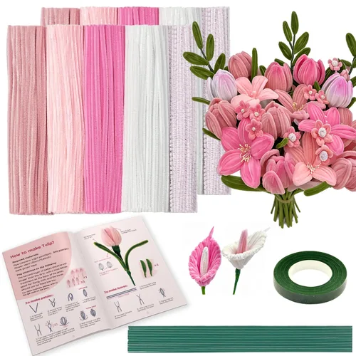 Vista 12 de Kit de flores de limpiapipas verdes, 450 piezas de tallos