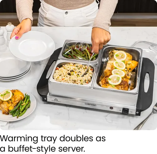 Vista 4 de Chefman Servidor de buffet eléctrico + bandeja de calentamiento con temperatura ajustable y 3 platos calentadores, placa caliente perfecta