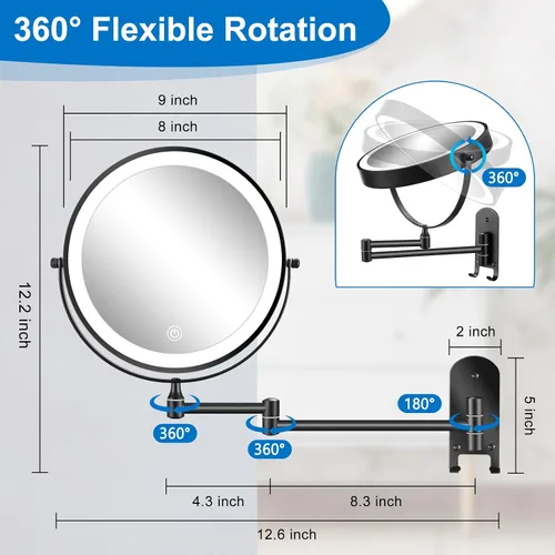 Vista 4 de Espejo de maquillaje iluminado recargable de 9 pulgadas, espejo de aumento de doble cara 1X/10X con 3 luces de color regulables, espejo de baño