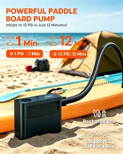 Vista 10 de Paddle Board Electric Pump 150PSI, 4X Faster Rechargeable SUP Pump, Inflator Deflator, Auto Off Portable Air Compressor for Tires, Bikes