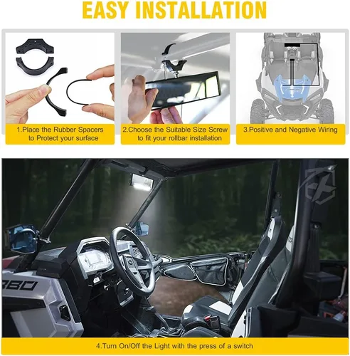 Vista 5 de Xprite 9" Espejo retrovisor central UTV con luces interiores y interruptor basculante, espejos retrovisores de aluminio se ajusta a 1.75"-2