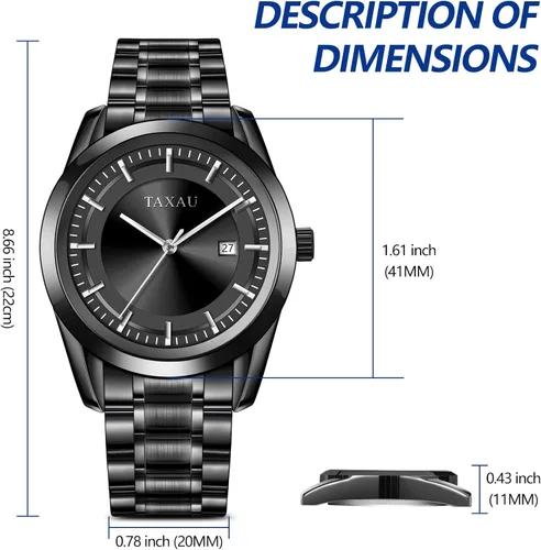 Vista 6 de Taxau Reloj minimalista para hombre, reloj de cuarzo de acero inoxidable para hombre con fecha, reloj clásico de cara grande impermeable para hombre