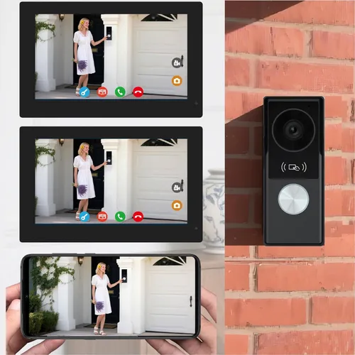 Vista 2 de Timbre de video de 1080p con sistema de monitor, portero de video WiFi 1080FHD cámara de metal, 7 pulgadas dos monitores con tarjeta de 32 GB