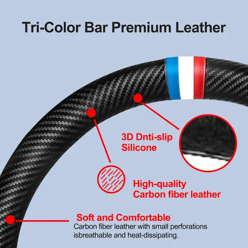Vista 3 de Funda de cuero de fibra de carbono para volante de automóvil deportivo, juego de cuero de alta calidad, elegante, antideslizante