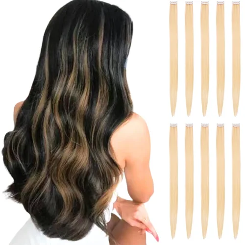 Vista 9 de Extensiones de cabello negro con clip, 10 piezas de 22 pulgadas de largo, rectas de colores lisos, accesorios sintéticos, extensiones con clip