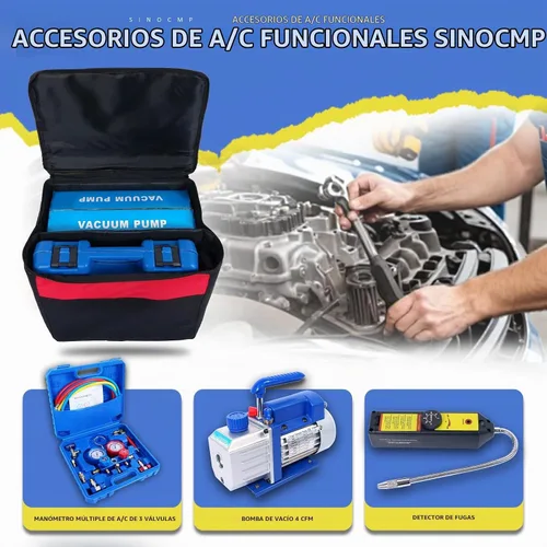 Vista 2 de 110V 1/3 HP 4CFM Bomba de vacío HVAC de una sola etapa y válvula de 3 vías, kit de manómetro de CA con detector de fugas para aire acondicionado