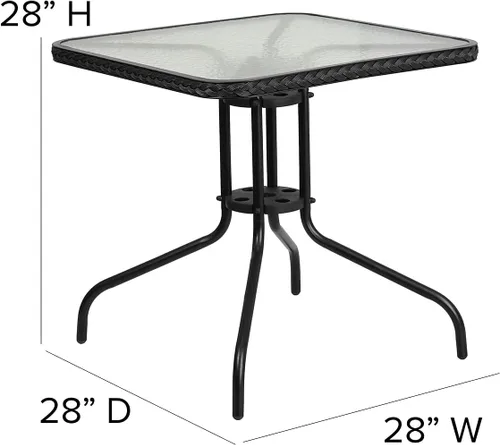 Vista 4 de Flash Furniture Lila Mesa Cuadrada de Vidrio y Metal de 28'' con Bordes de Ratán Negro y 2 Sillas Apilables de Ratán Negro