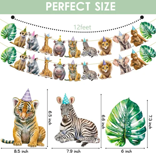 Vista 3 de Pancarta de animales de safari, 2 unidades, banderines recortados para fiesta de selva, carteles colgantes con temática de safari, decoraciones