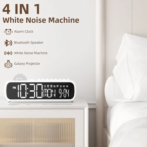 Vista 5 de Reloj despertador digital con máquina de sonido de ruido blanco para dormitorio, mesita de noche, reloj con temporizador de 30/60/90 minutos