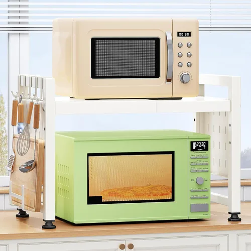 Vista 11 de Estante para horno de microondas expandible, estante de horno de microondas resistente de 3 niveles ajustable con 8 ganchos y 2 soportes, estante