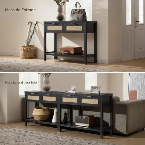 Vista 6 de SICOTAS Mesa consola negra con cajones de ratán - Mesa de entrada de ratán boho con almacenamiento, mesas consola pequeñas para entrada, mesa