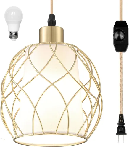 Vista 14 de Lámpara colgante enchufable, luces colgantes con cable de algodón dorado de 15 pies e interruptor de atenuación continuo, pantalla de cuerda