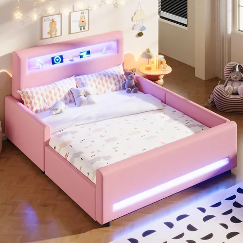 Vista 10 de Base de cama tapizada de tamaño individual con cajón de almacenamiento y cabecera de estante, cama suave de piel sintética con luz LED, carga USB