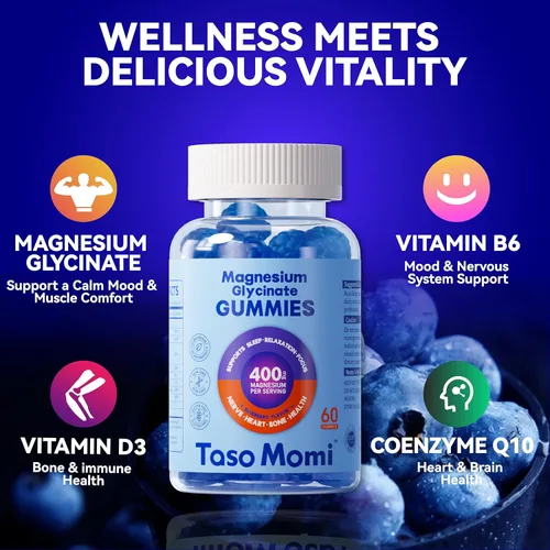 Vista 6 de Gomitas de glicinato de magnesio 400 mg sin azúcar, veganas, masticables para adultos y niños, alta absorción para apoyar el sueño, los músculos