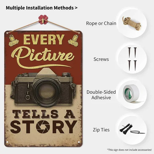 Vista 3 de Póster vintage de metal inspirador para pared, diseño con texto en inglés "Every Picture Tells A Story", letrero de metal para cámara vintage