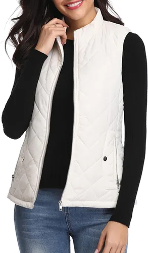 Vista 22 de Fuinloth Women's Quilted Vest Lightweight Puffer Stand Collar Zip Gilet Beige