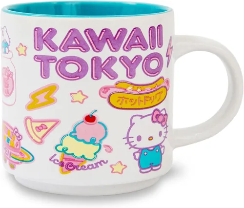 Vista 3 de Sanrio Hello Kitty "Kawaii Tokyo" Allover Icons - Taza de café grande para café expreso, cafeína, bebidas, artículos esenciales para el hogar