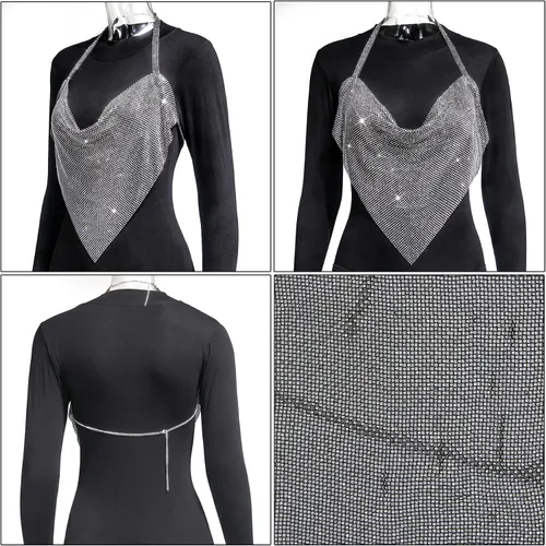 Vista 6 de RARITYUS Camiseta corta sexy con diamantes de imitación brillantes y sin espalda para mujer, cuello redondo, con cadena, camiseta sin mangas