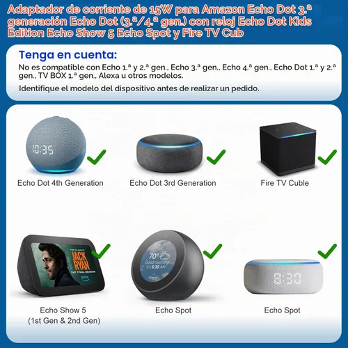 Vista 2 de Adaptador de corriente de 15 W compatible con Amazon Echo Dot de 3ª generación Echo Dot (3ª/4ª generación) con reloj Echo Dot Kids Edition Echo Show