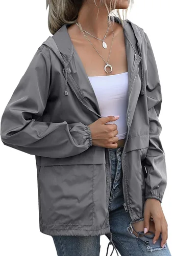 Vista 3 de Muzeca Chaqueta impermeable ligera para mujer, rompevientos con capucha y bolsillos para exteriores