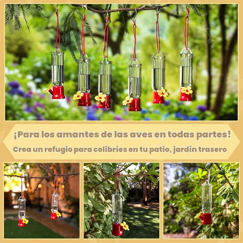 Vista 4 de JOIEDOMI Juego de 6 mini comederos para colibríes con cables para colgar, juego de comederos transparentes para colibríes al aire libre con 3
