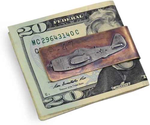 Vista 3 de artisan-crafted Money Clip de bronce con P-47Fighter, diseño de avión