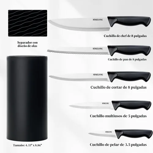 Vista 2 de Juego de cuchillos de cocina de 6 piezas, acero inoxidable alemán de alto carbono, duradero y fácil de limpiar, color negro