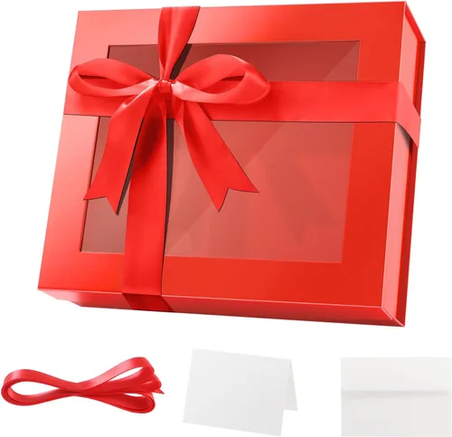 Vista 34 de PACKQUEEN Caja de regalo grande negra con ventana, 13.5 x 9 x 4.1 pulgadas, caja de regalo transparente para regalo, contiene cinta, tarjeta, caja